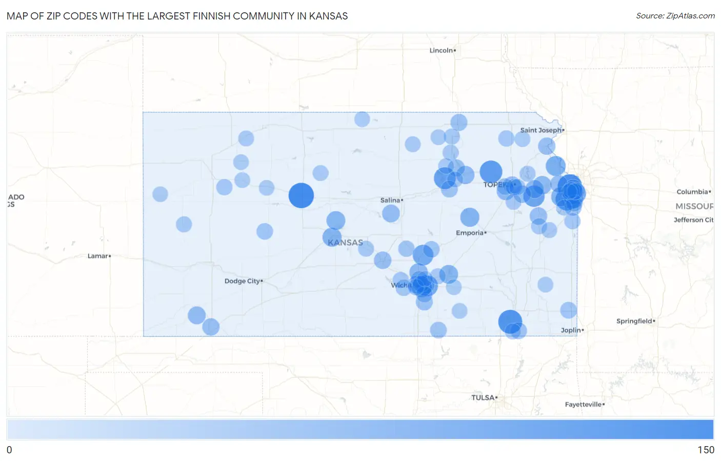 Zip Codes with the Largest Finnish Community in Kansas Map