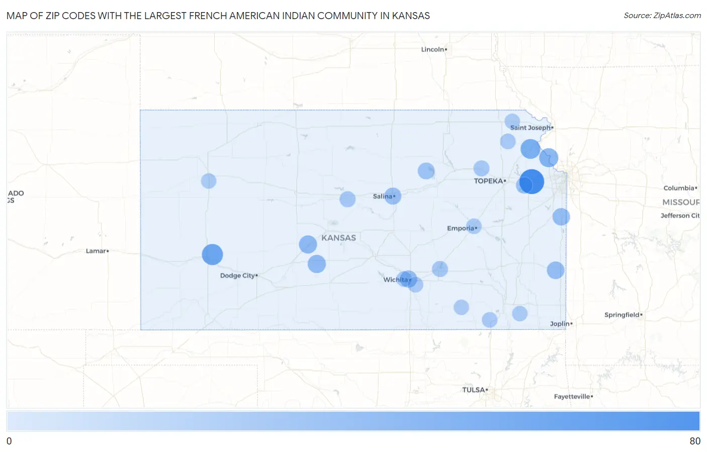 Zip Codes with the Largest French American Indian Community in Kansas Map