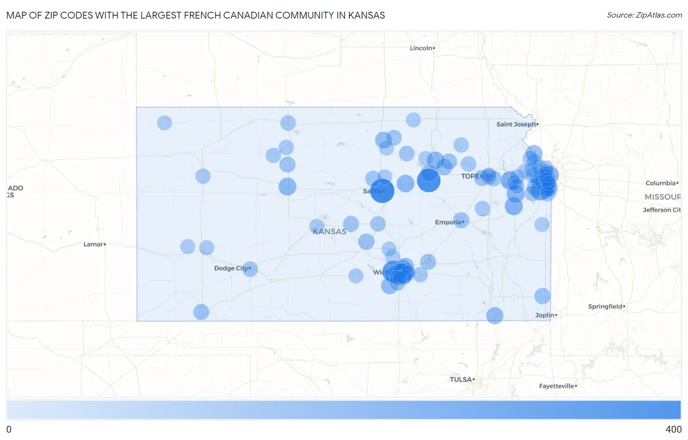 Zip Codes with the Largest French Canadian Community in Kansas Map