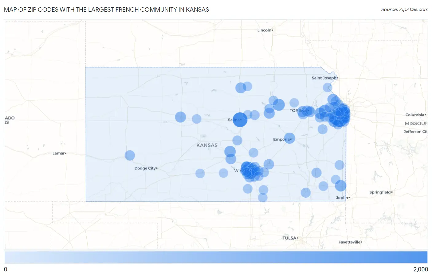 Zip Codes with the Largest French Community in Kansas Map