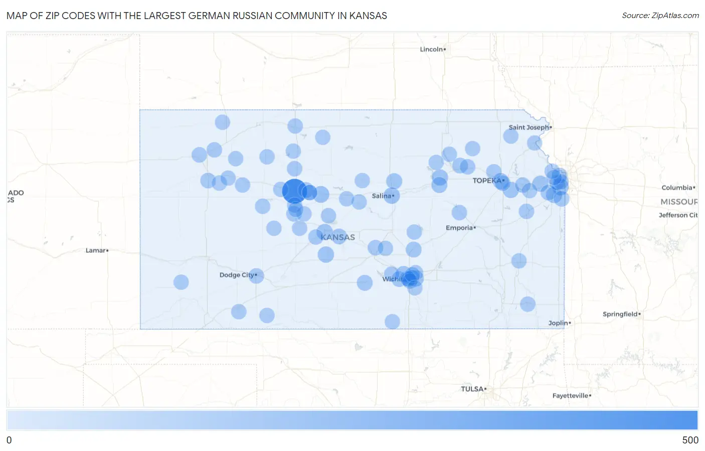 Zip Codes with the Largest German Russian Community in Kansas Map