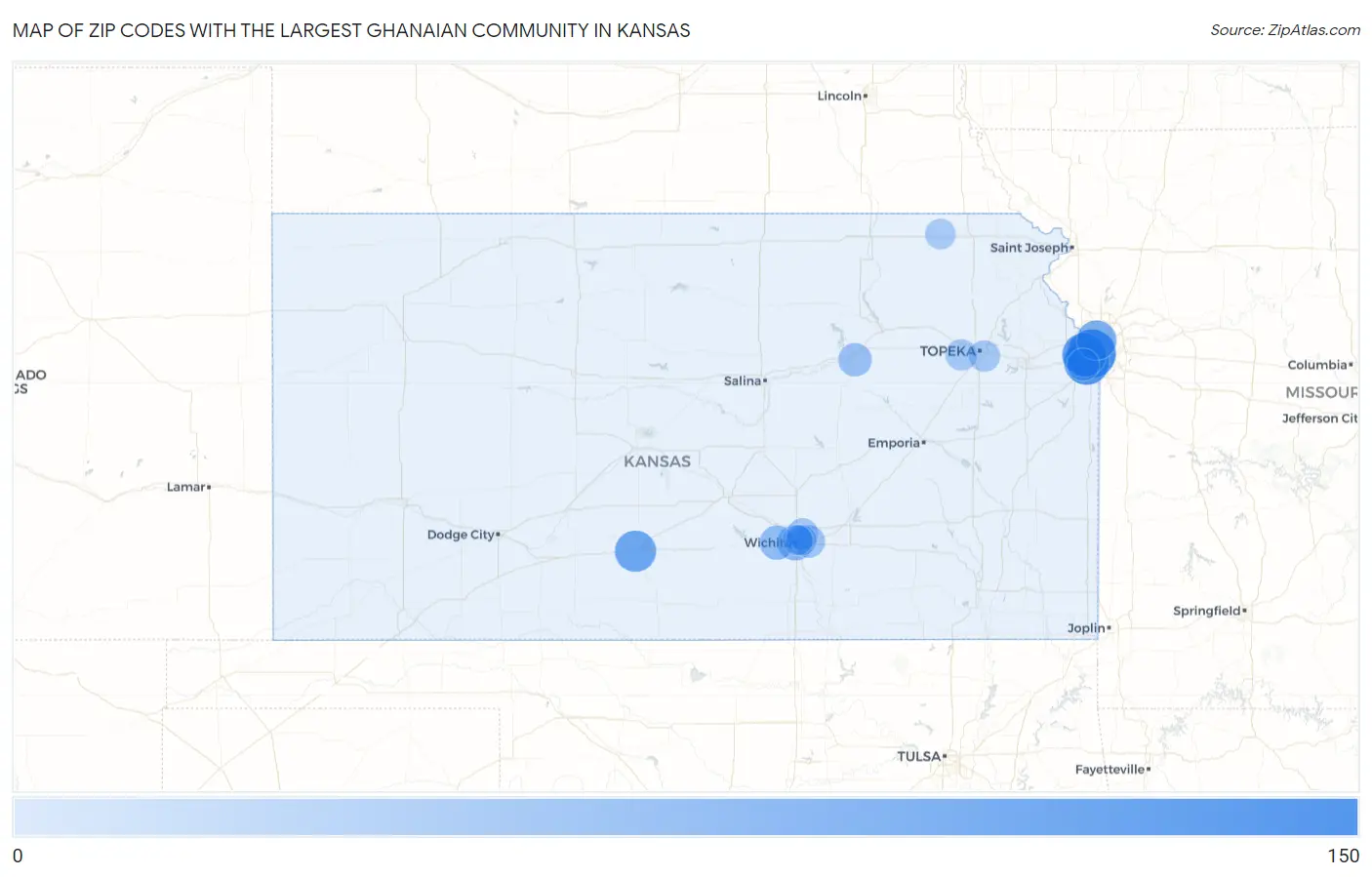 Zip Codes with the Largest Ghanaian Community in Kansas Map