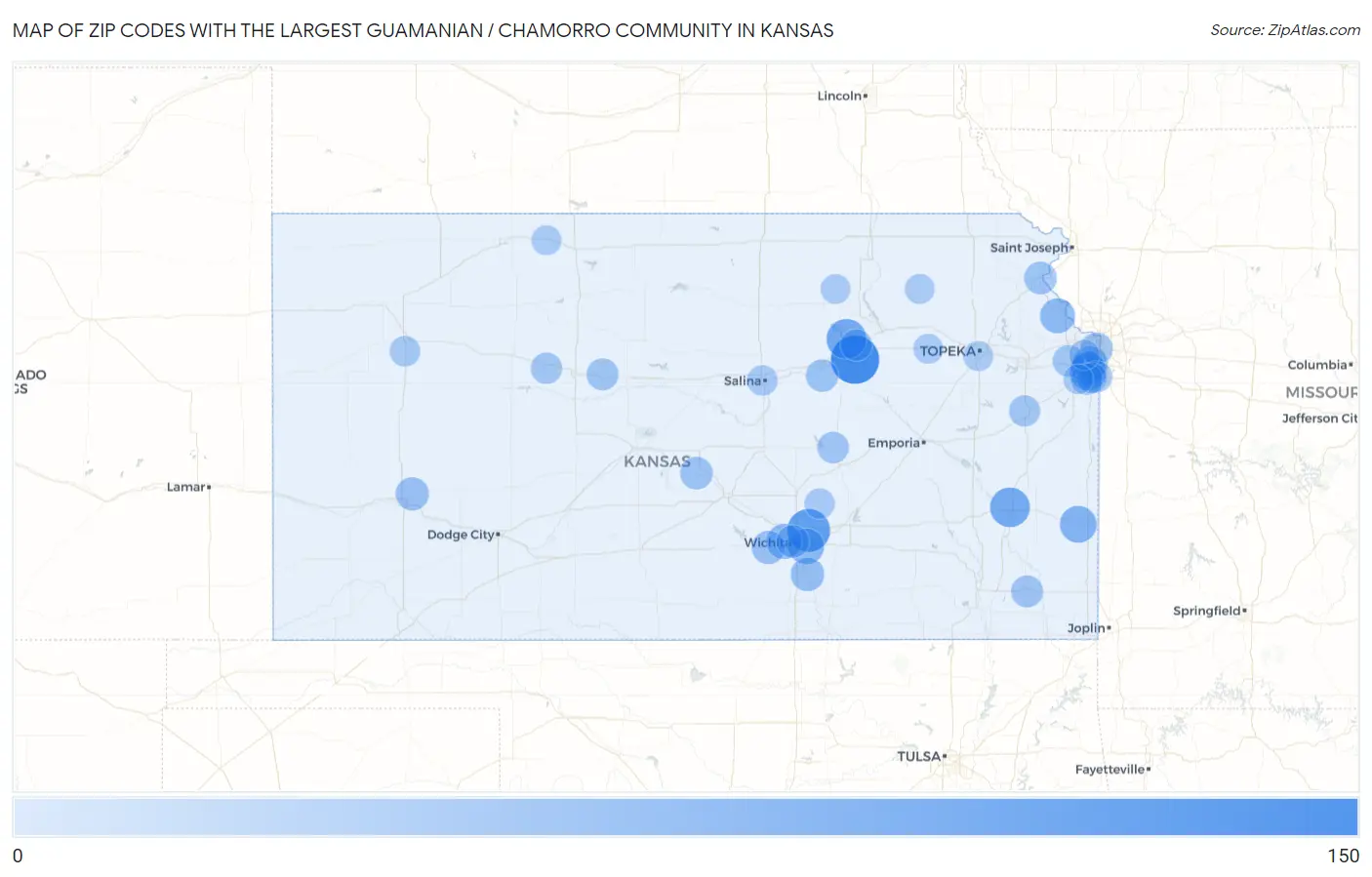 Zip Codes with the Largest Guamanian / Chamorro Community in Kansas Map