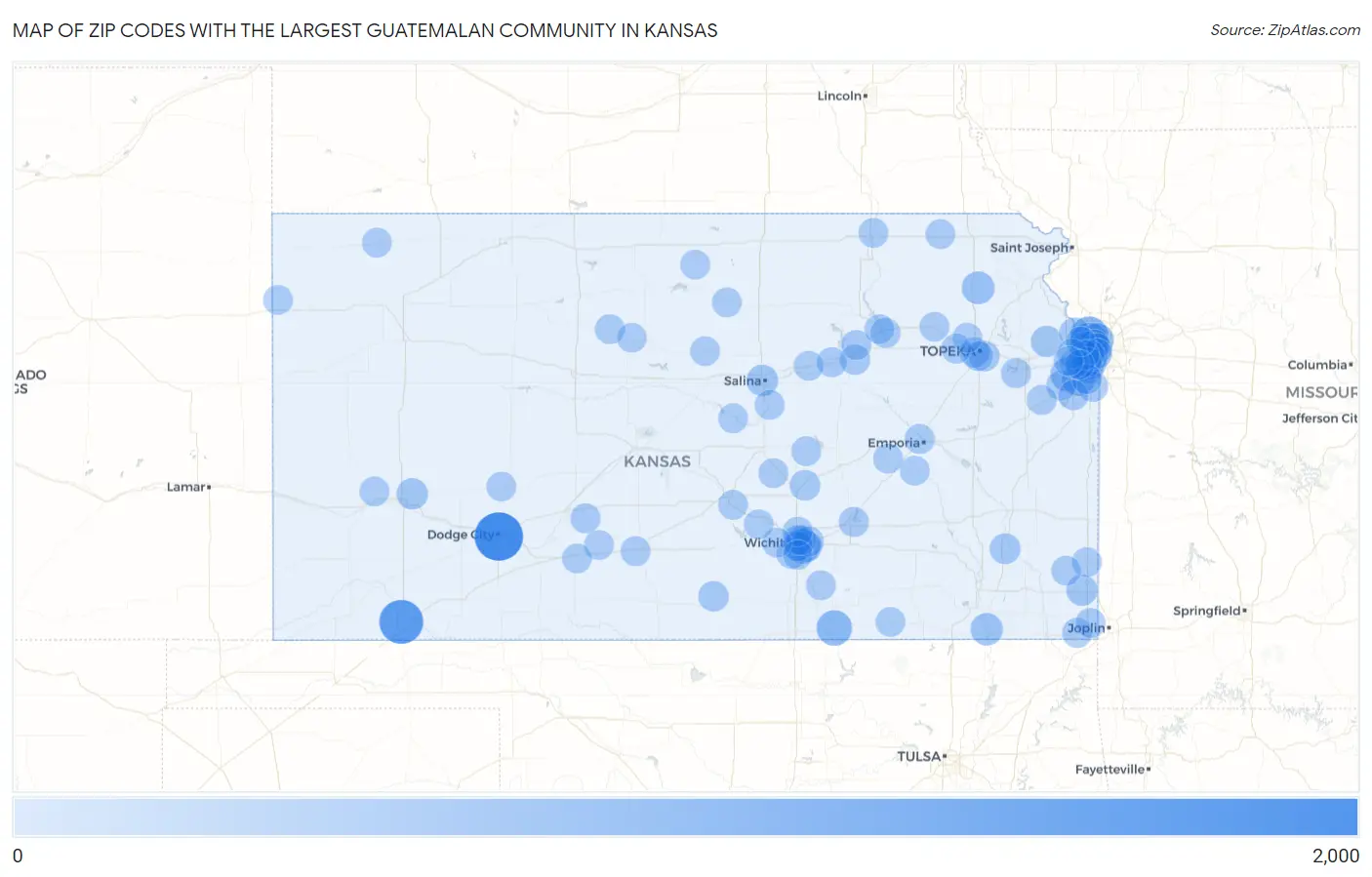 Zip Codes with the Largest Guatemalan Community in Kansas Map