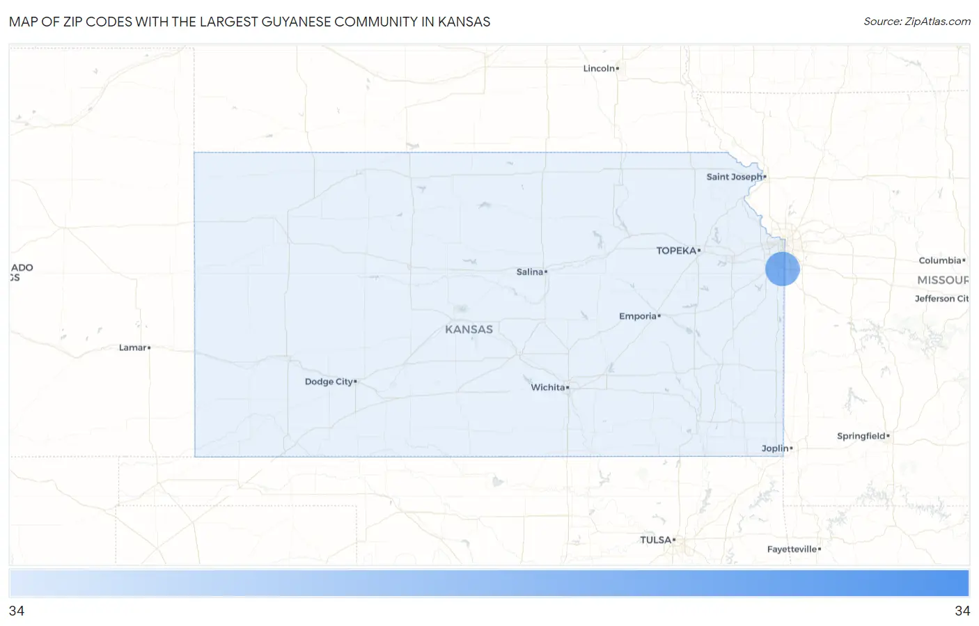 Zip Codes with the Largest Guyanese Community in Kansas Map