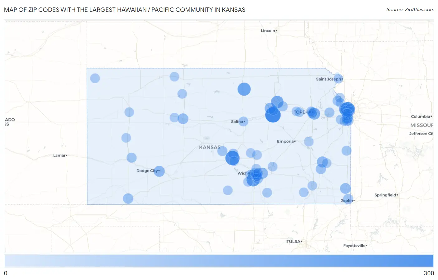 Zip Codes with the Largest Hawaiian / Pacific Community in Kansas Map