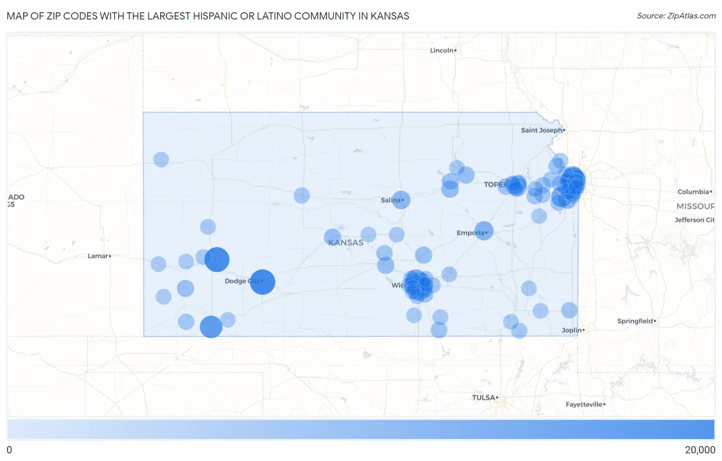 Zip Codes with the Largest Hispanic or Latino Community in Kansas Map