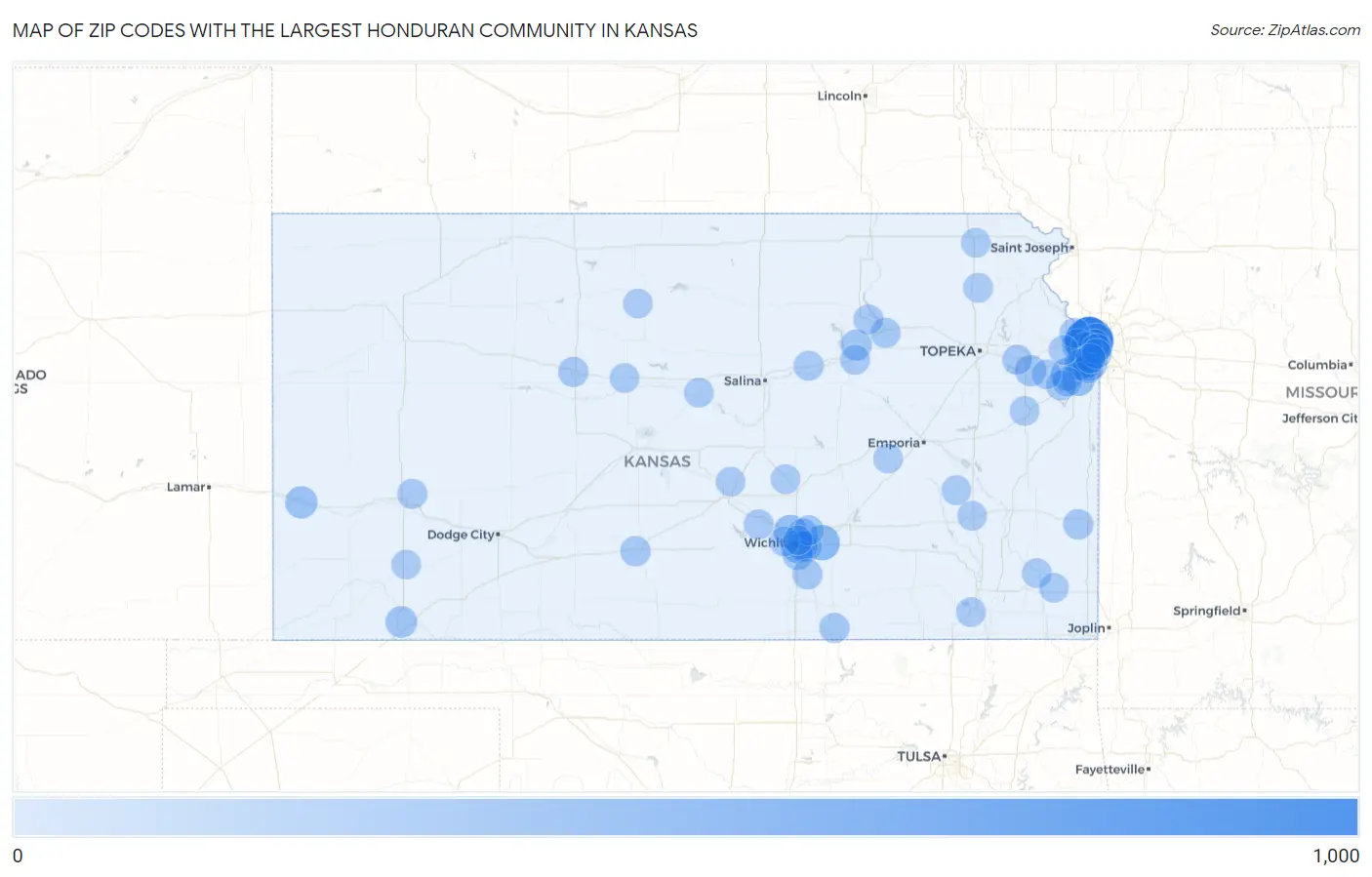 Zip Codes with the Largest Honduran Community in Kansas Map