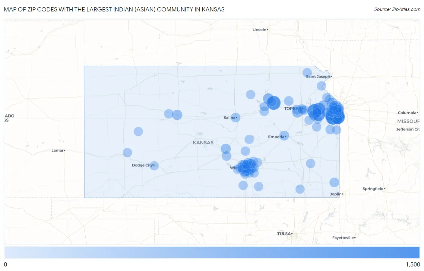 Zip Codes with the Largest Indian (Asian) Community in Kansas Map