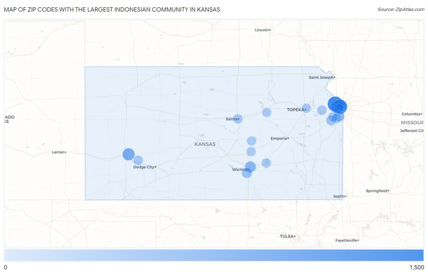 Zip Codes with the Largest Indonesian Community in Kansas Map