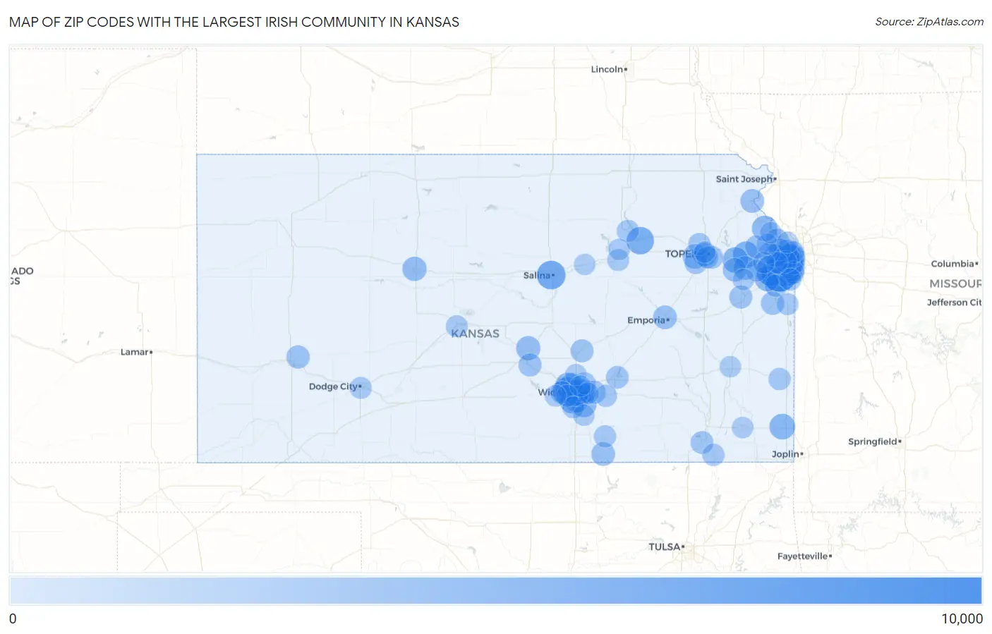 Zip Codes with the Largest Irish Community in Kansas Map