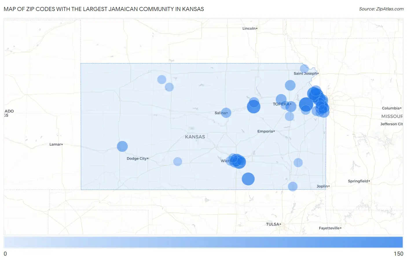 Zip Codes with the Largest Jamaican Community in Kansas Map