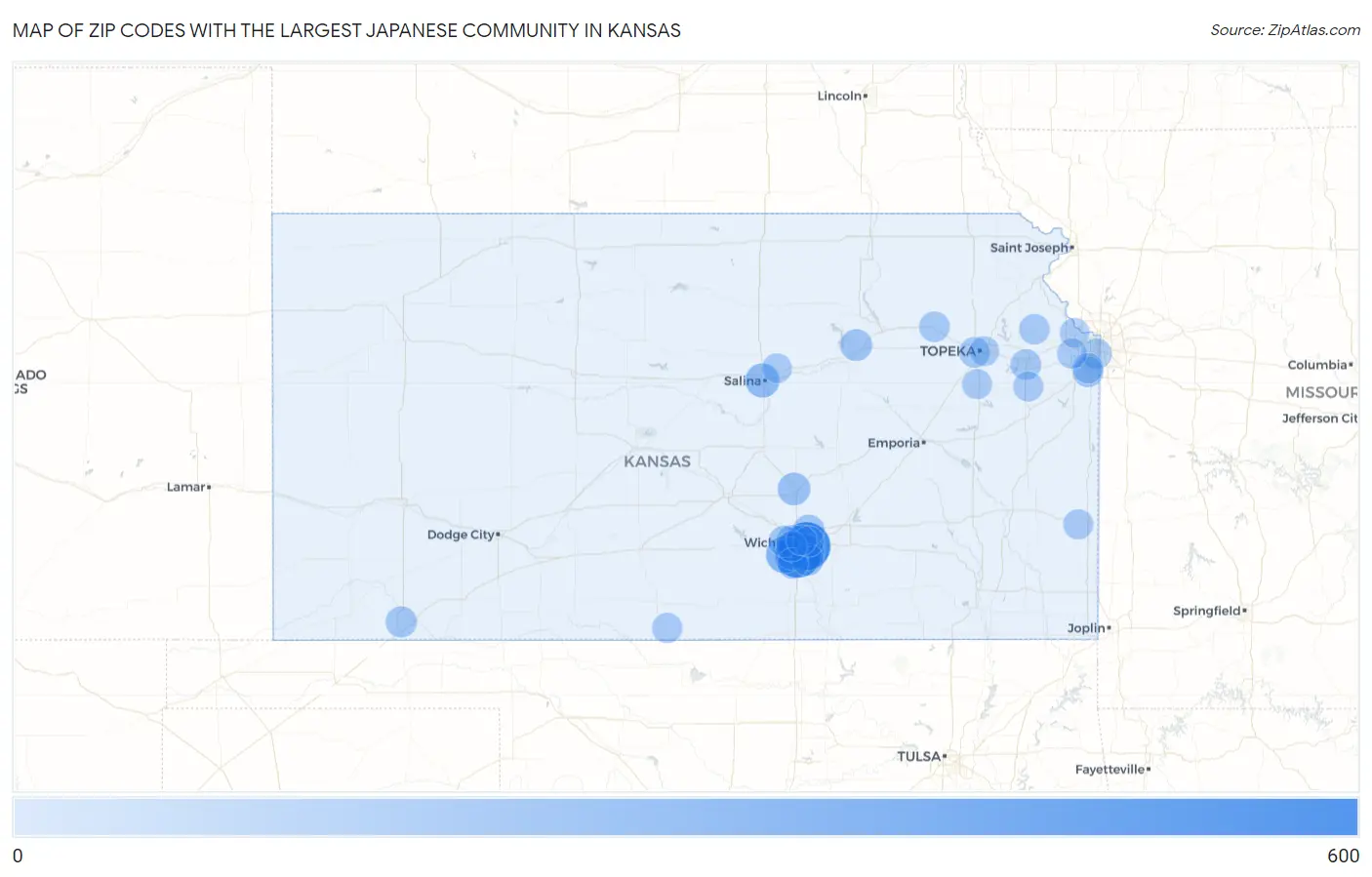 Zip Codes with the Largest Japanese Community in Kansas Map