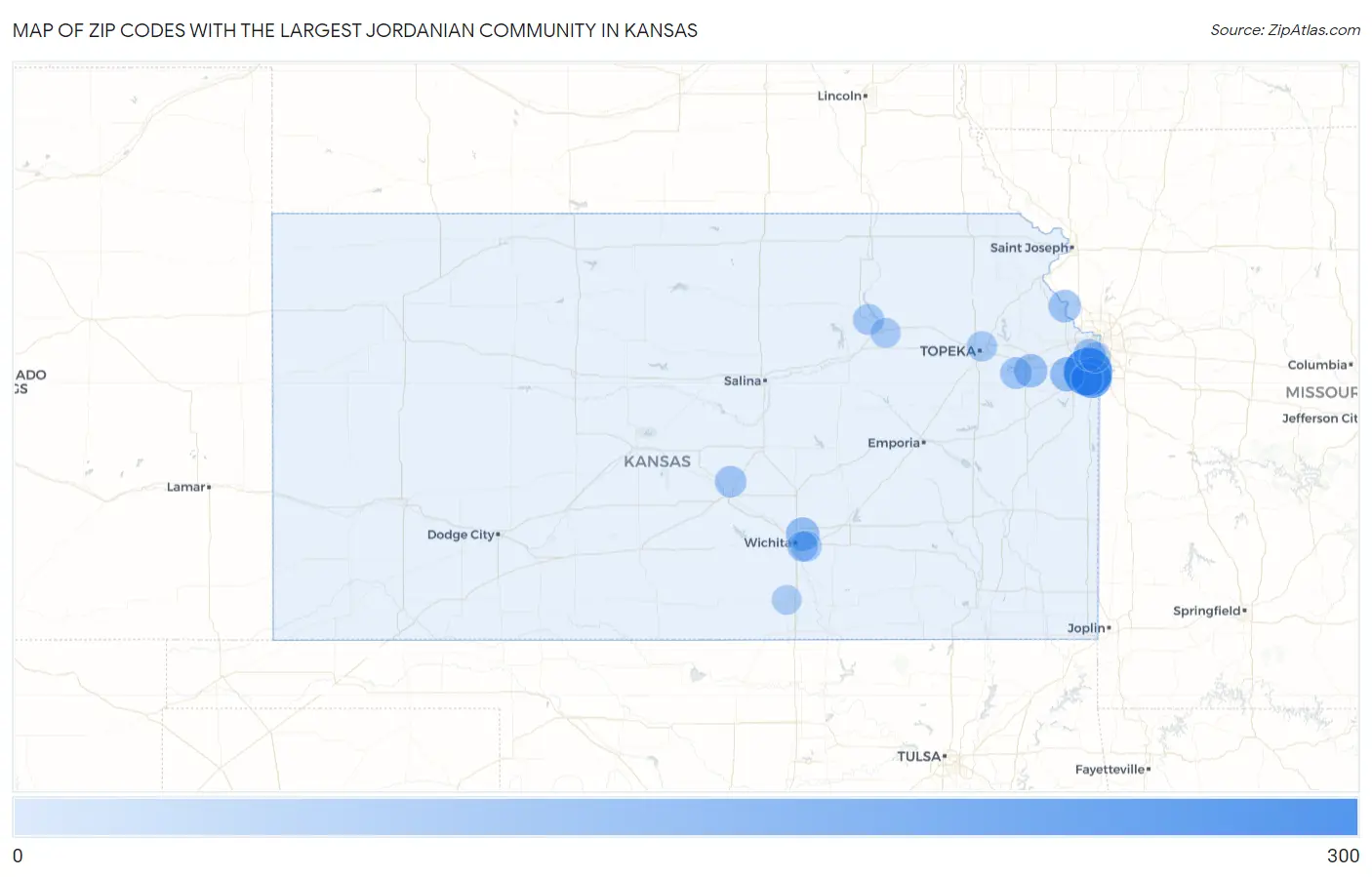 Zip Codes with the Largest Jordanian Community in Kansas Map