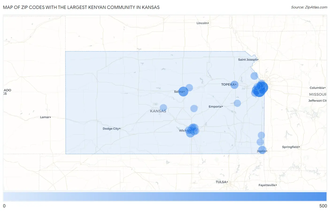 Zip Codes with the Largest Kenyan Community in Kansas Map
