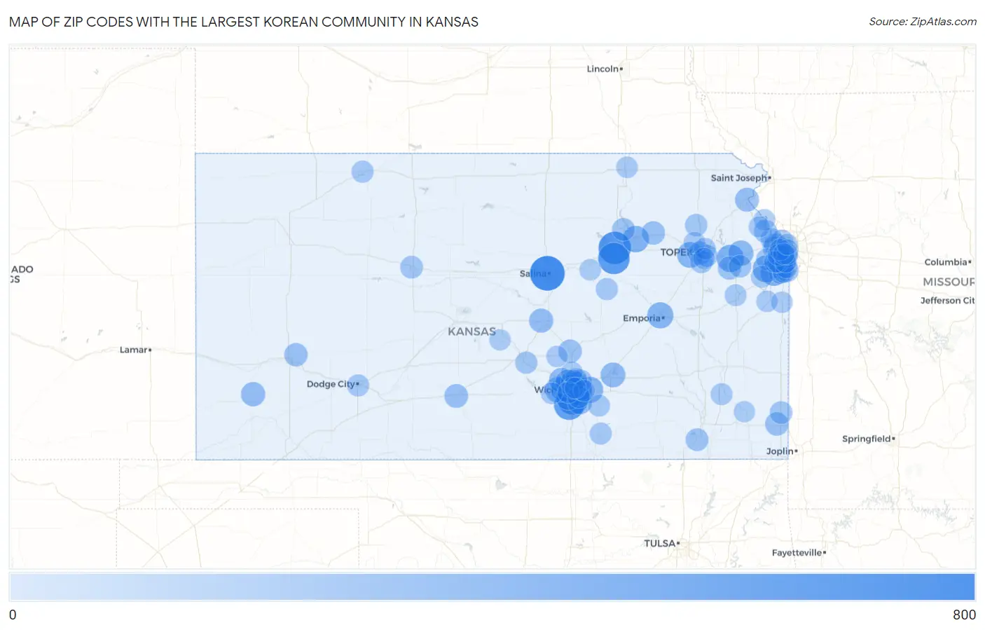 Zip Codes with the Largest Korean Community in Kansas Map