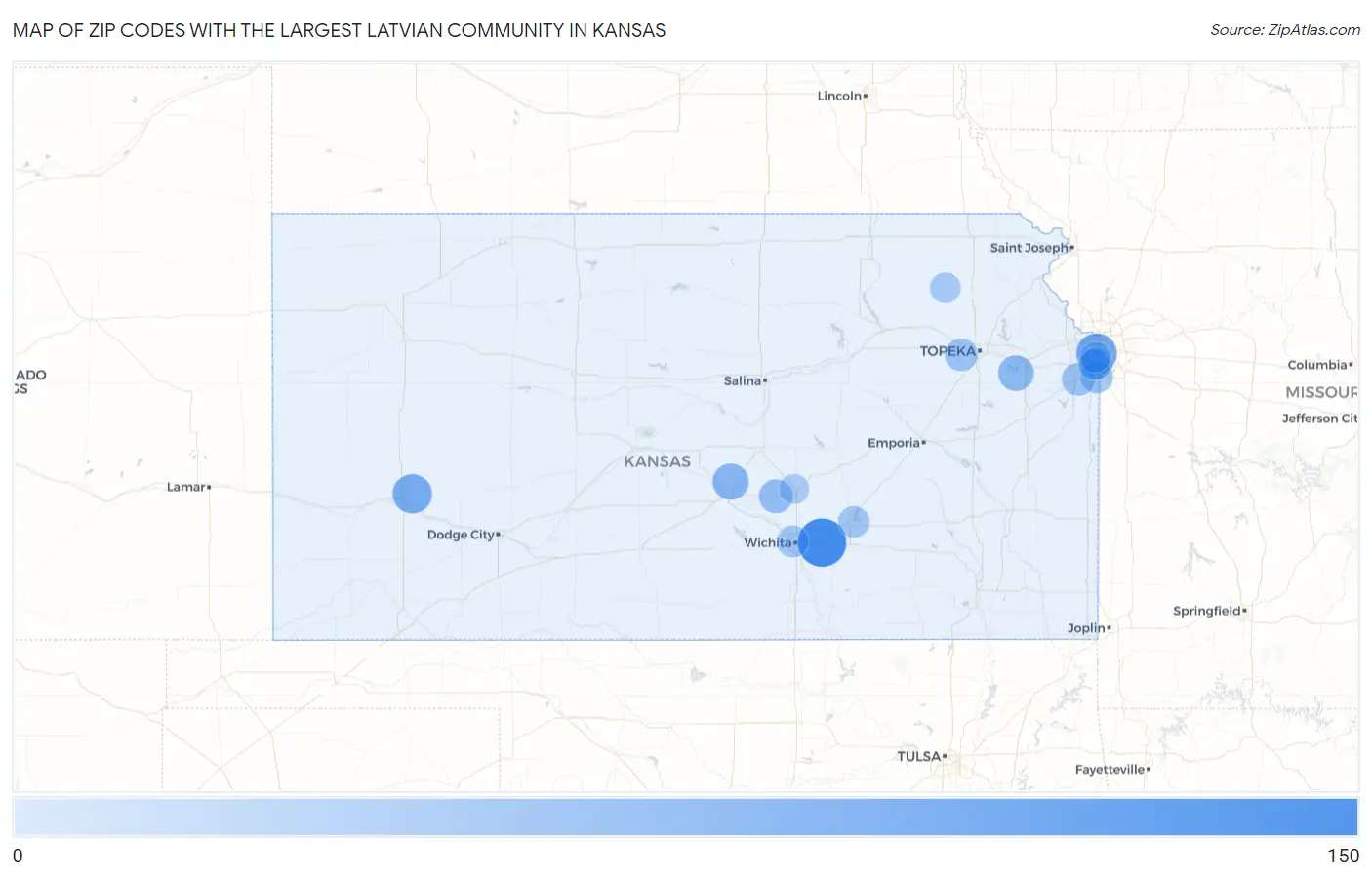 Zip Codes with the Largest Latvian Community in Kansas Map