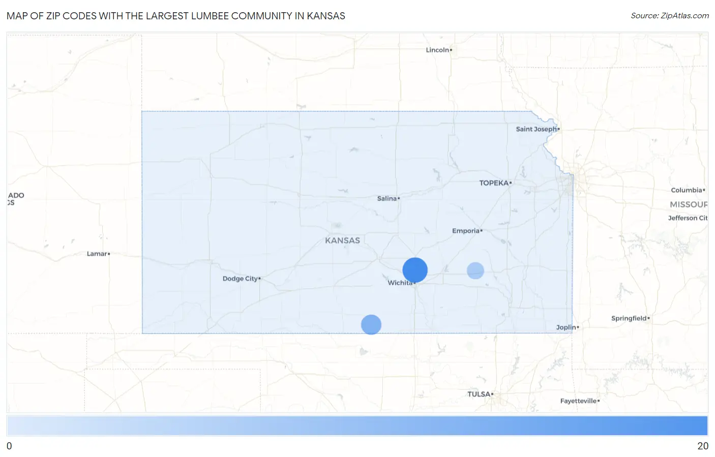 Zip Codes with the Largest Lumbee Community in Kansas Map