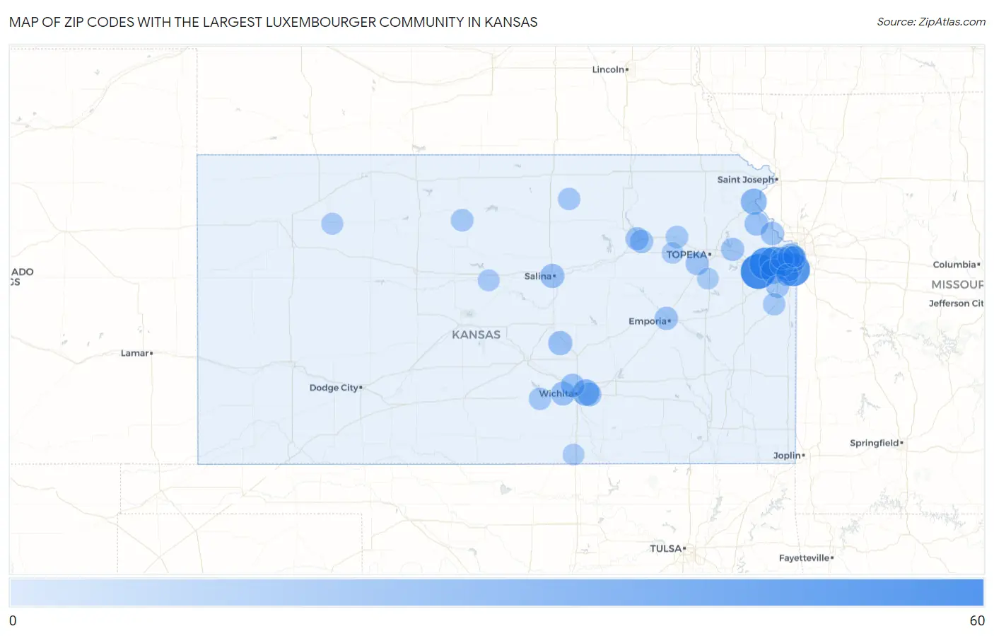 Zip Codes with the Largest Luxembourger Community in Kansas Map