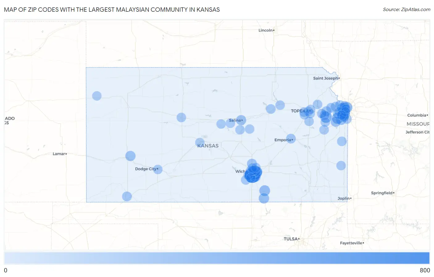 Zip Codes with the Largest Malaysian Community in Kansas Map