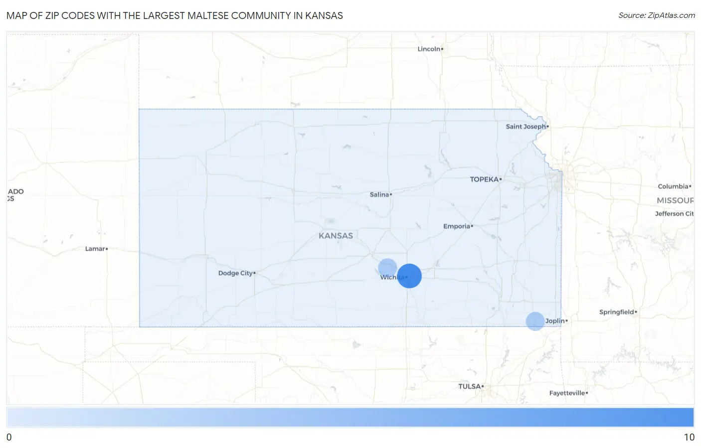 Zip Codes with the Largest Maltese Community in Kansas Map