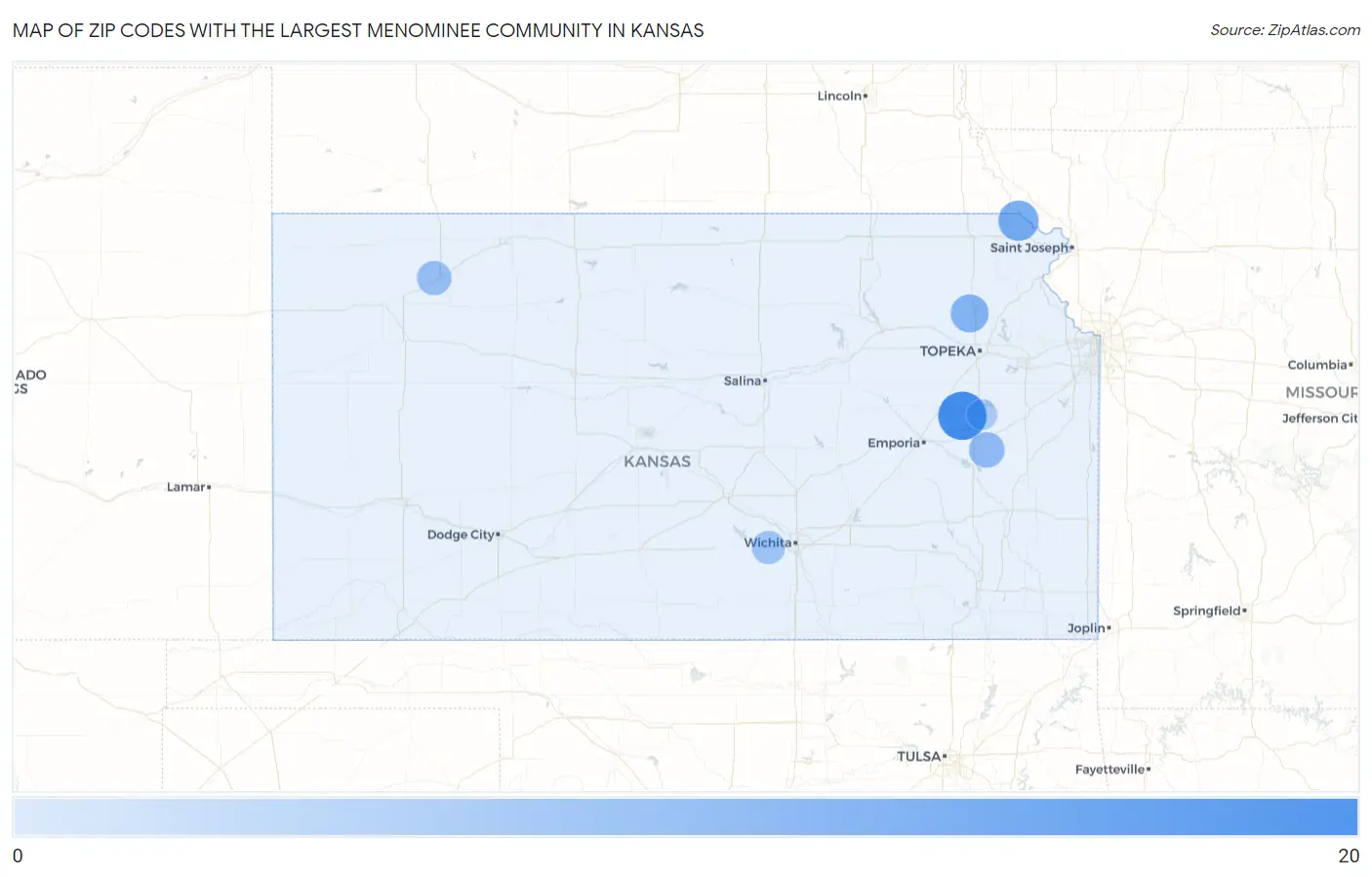 Zip Codes with the Largest Menominee Community in Kansas Map