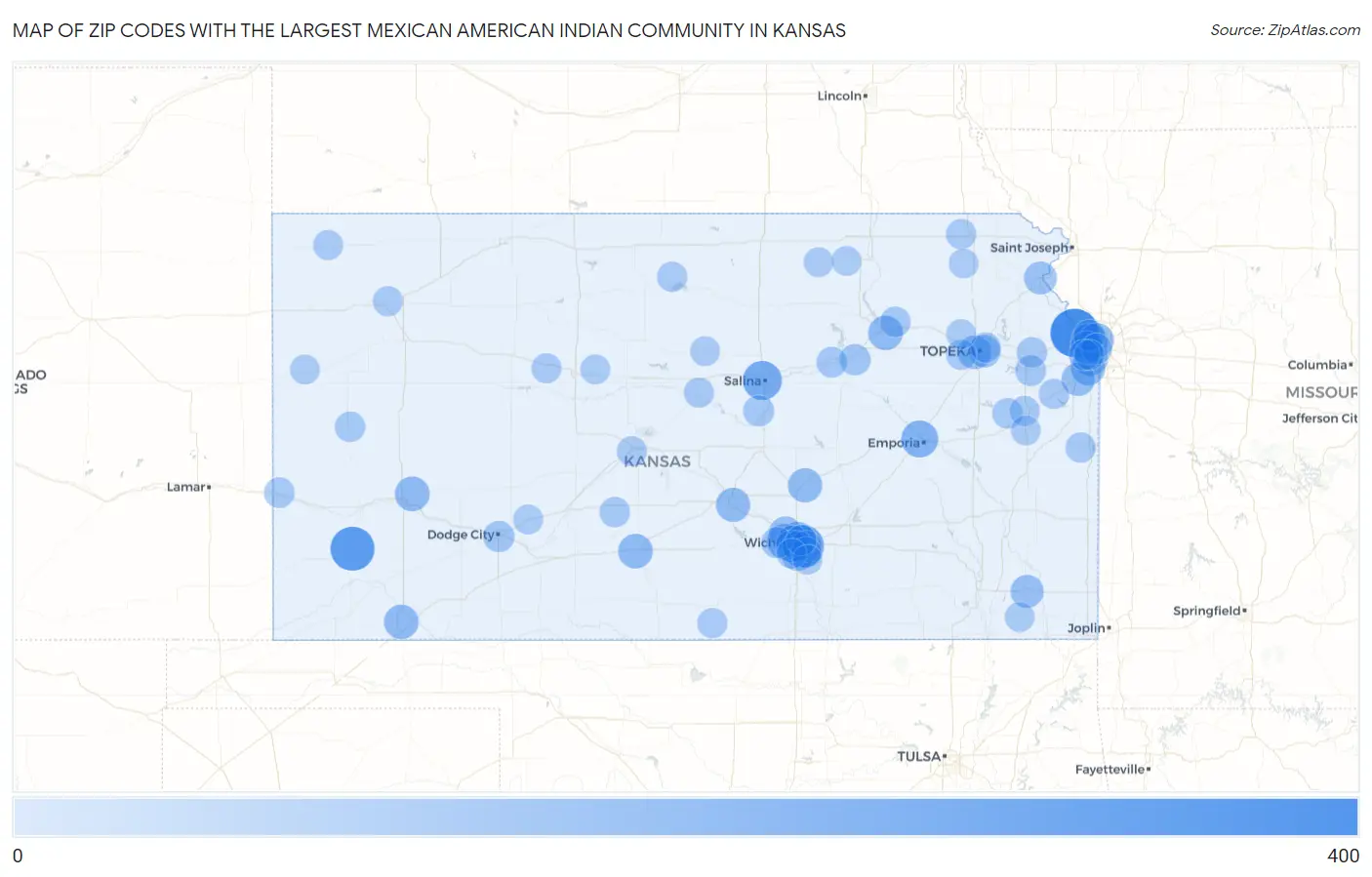 Zip Codes with the Largest Mexican American Indian Community in Kansas Map