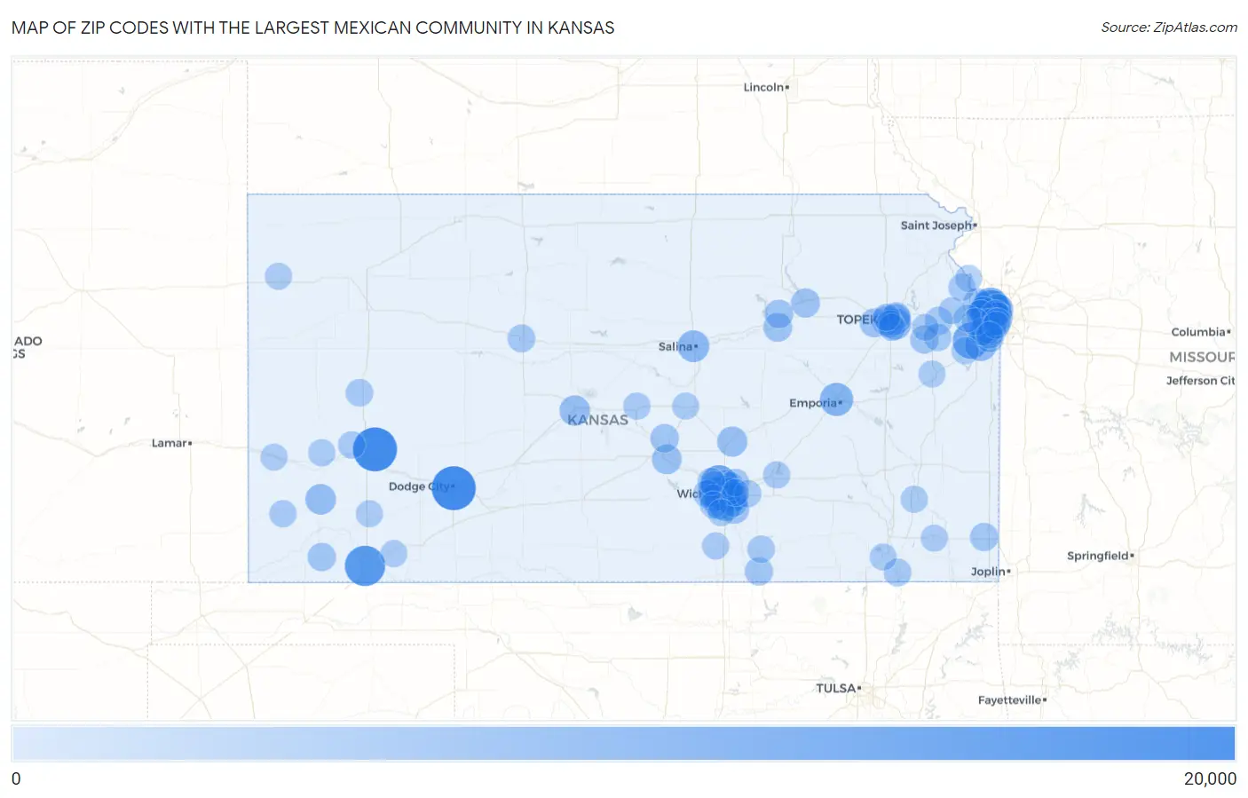 Zip Codes with the Largest Mexican Community in Kansas Map