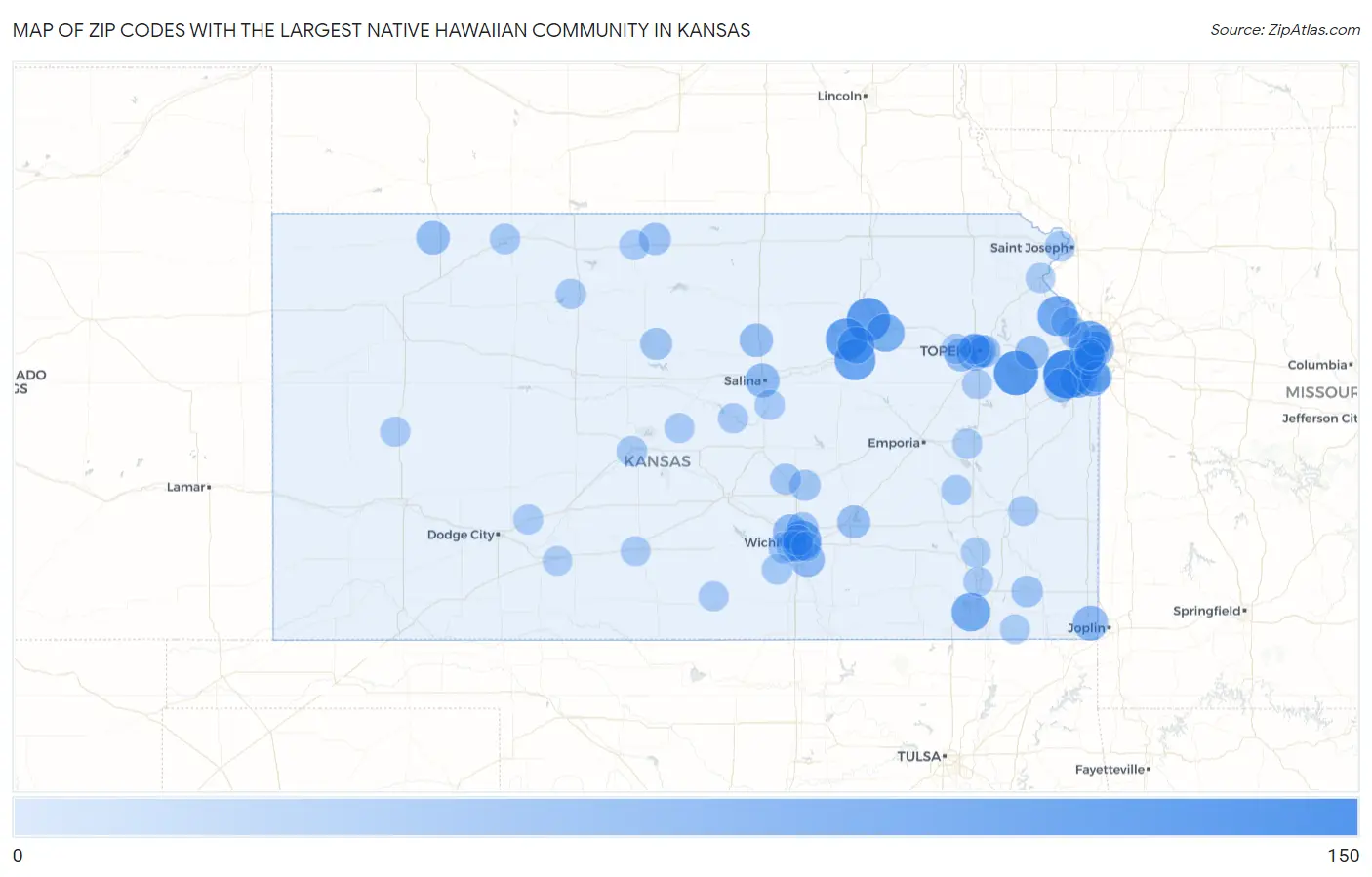 Zip Codes with the Largest Native Hawaiian Community in Kansas Map