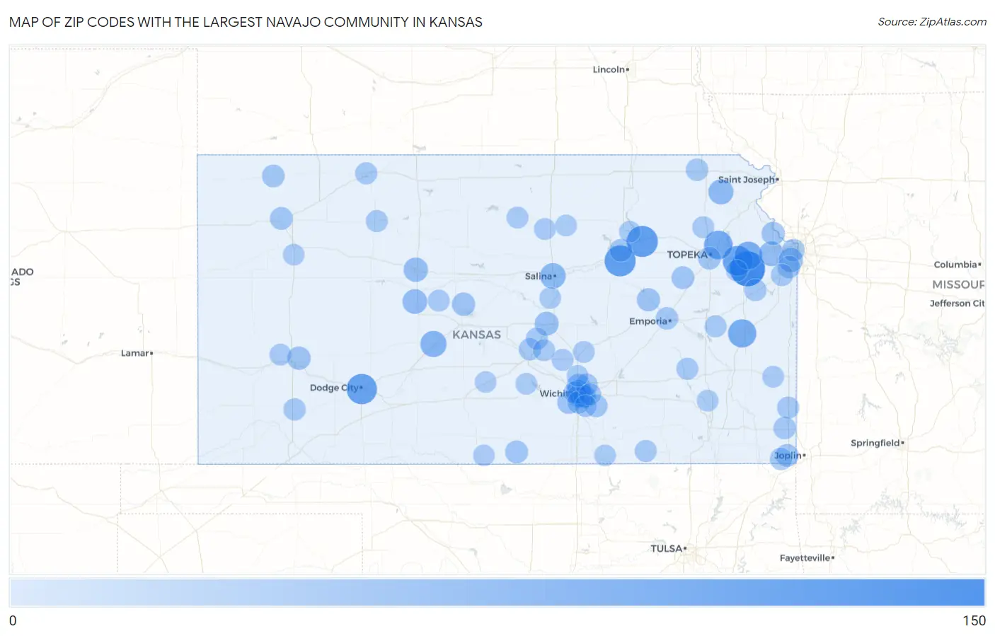 Zip Codes with the Largest Navajo Community in Kansas Map