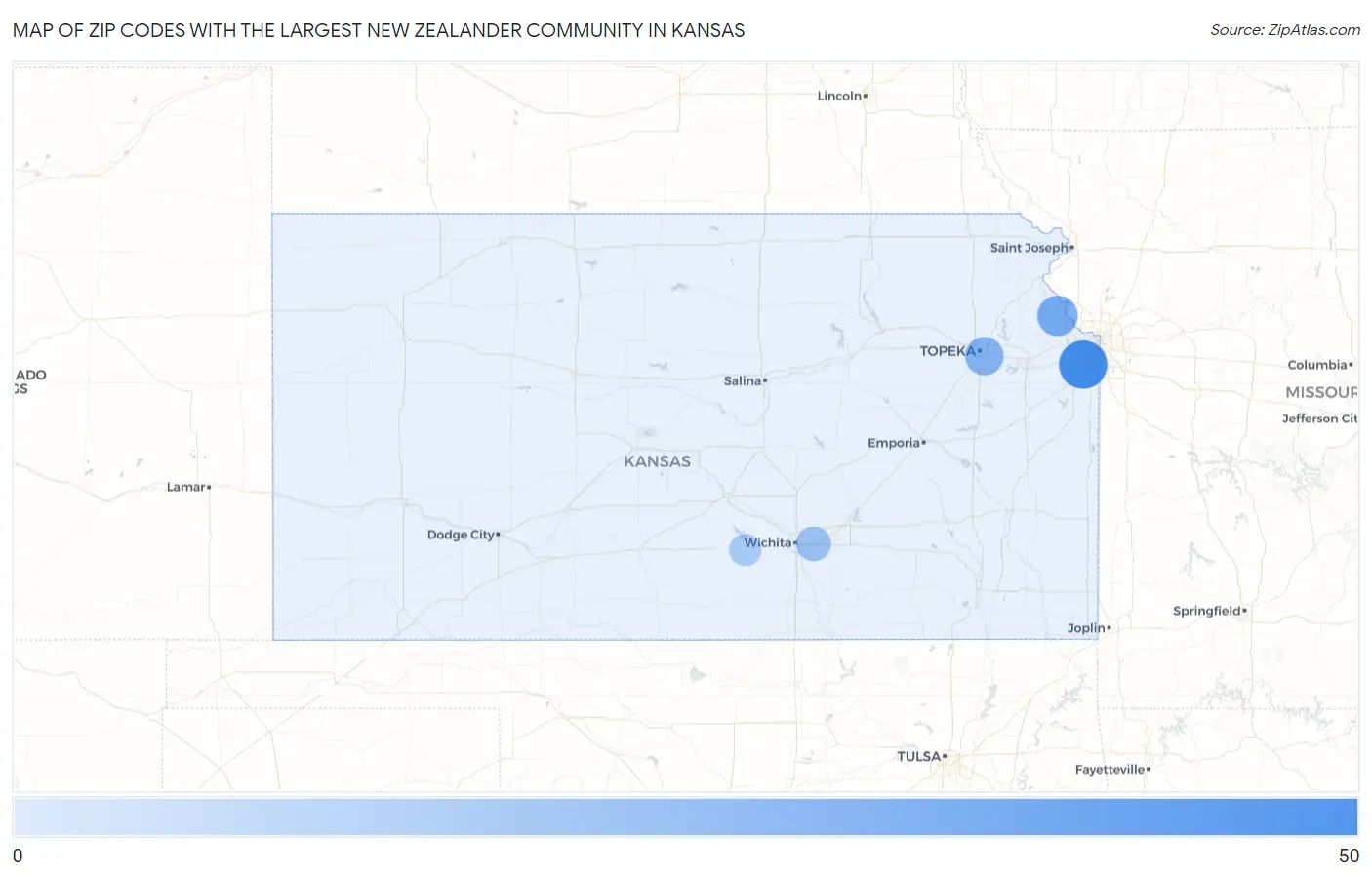 Zip Codes with the Largest New Zealander Community in Kansas Map