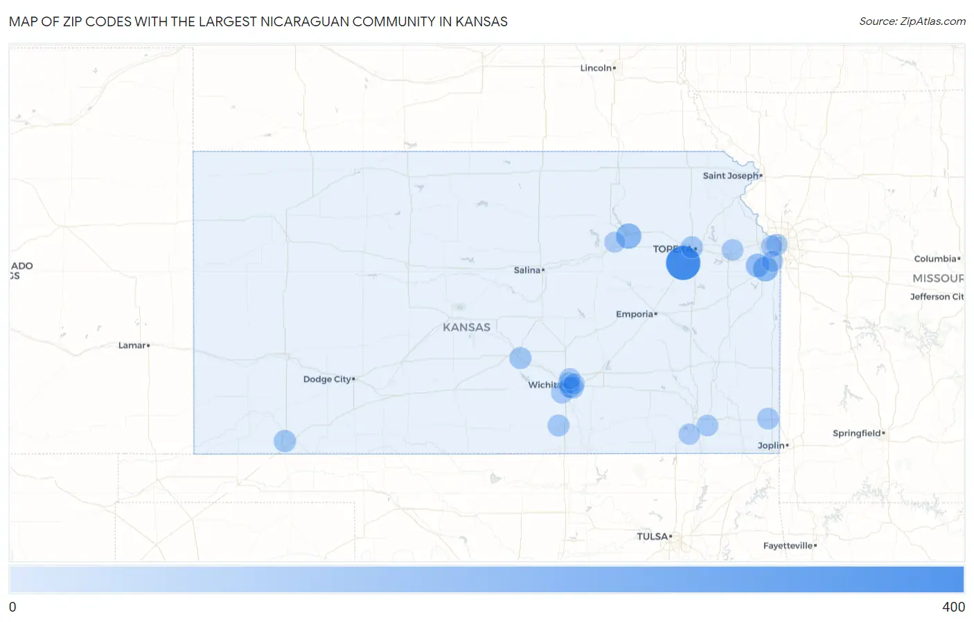 Zip Codes with the Largest Nicaraguan Community in Kansas Map