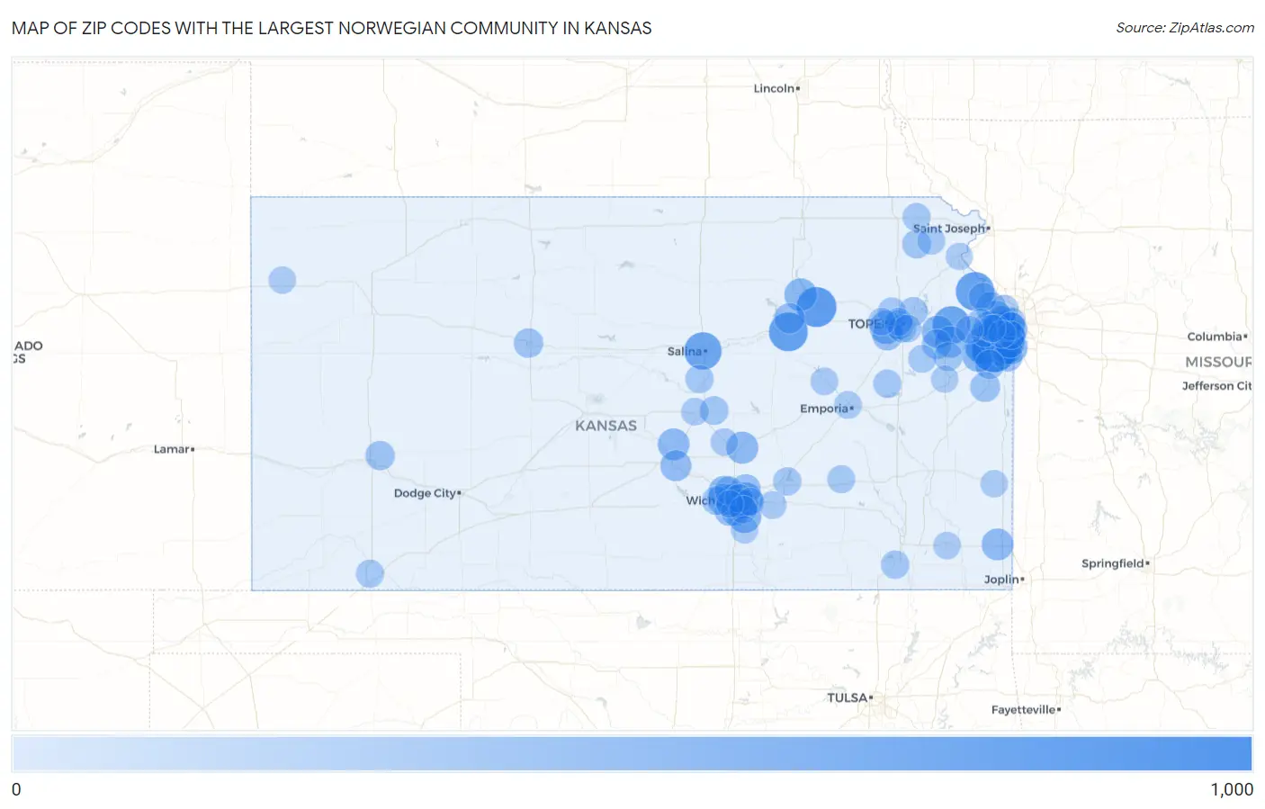 Zip Codes with the Largest Norwegian Community in Kansas Map