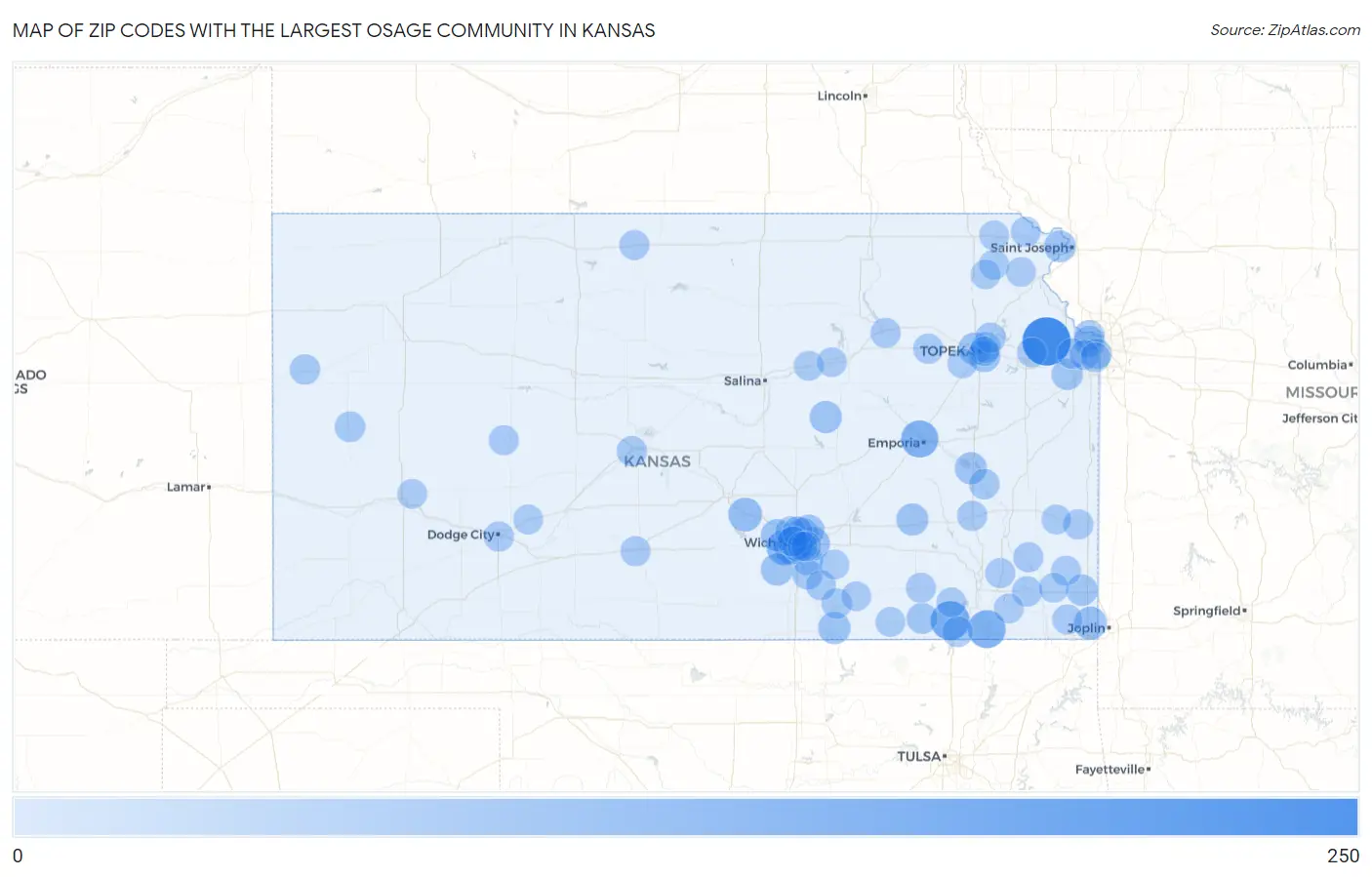 Zip Codes with the Largest Osage Community in Kansas Map