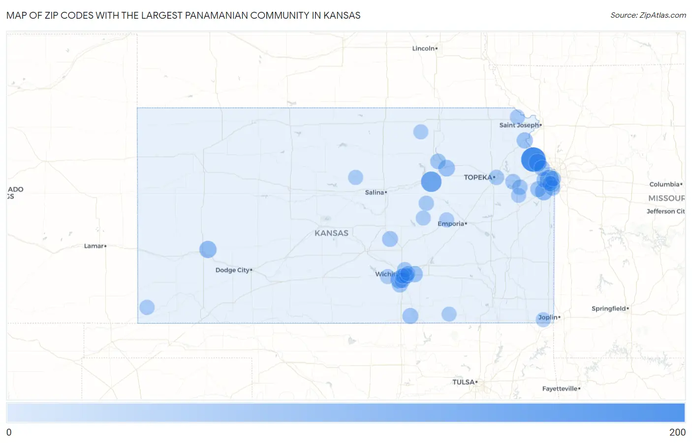 Zip Codes with the Largest Panamanian Community in Kansas Map