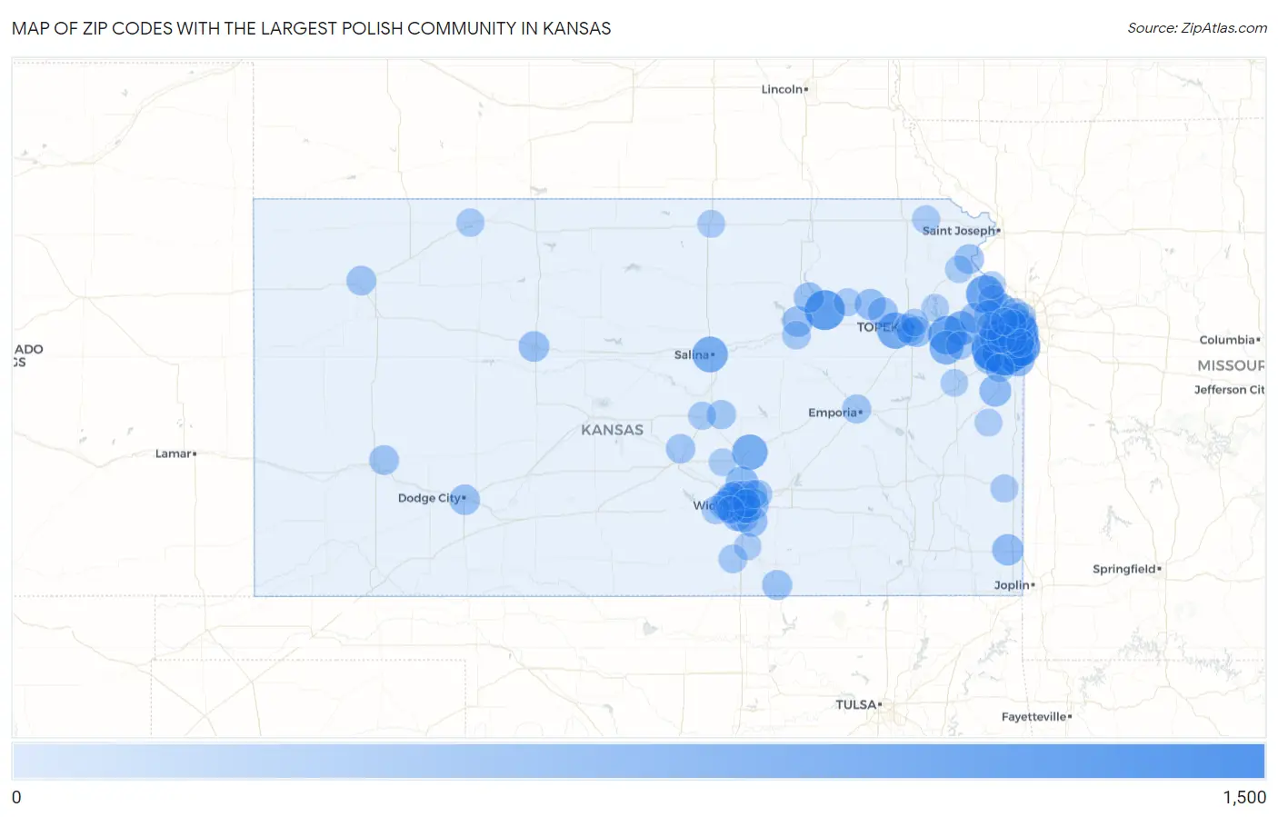 Zip Codes with the Largest Polish Community in Kansas Map