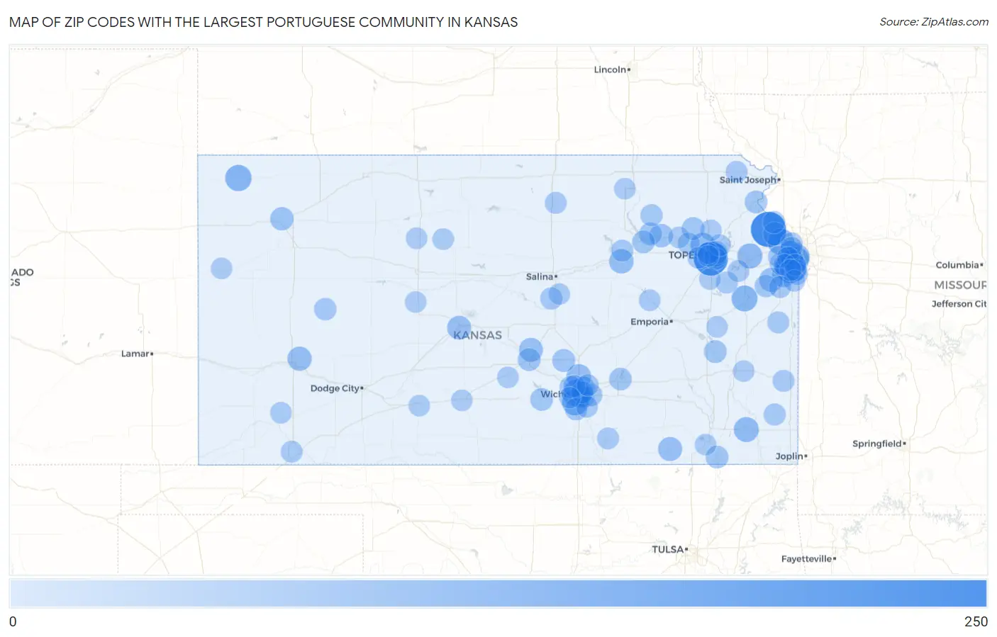 Zip Codes with the Largest Portuguese Community in Kansas Map