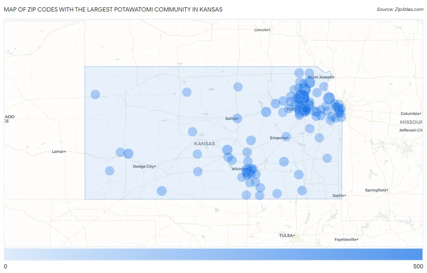 Zip Codes with the Largest Potawatomi Community in Kansas Map