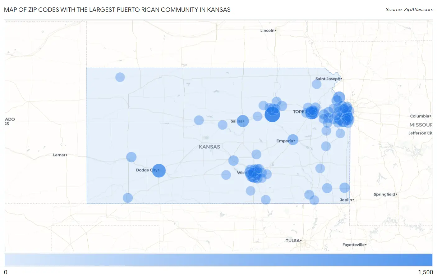 Zip Codes with the Largest Puerto Rican Community in Kansas Map