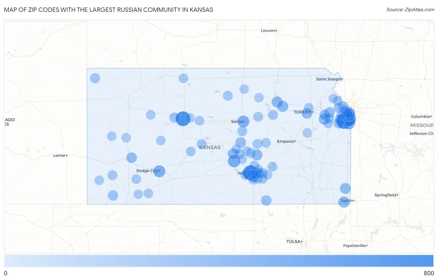 Zip Codes with the Largest Russian Community in Kansas Map