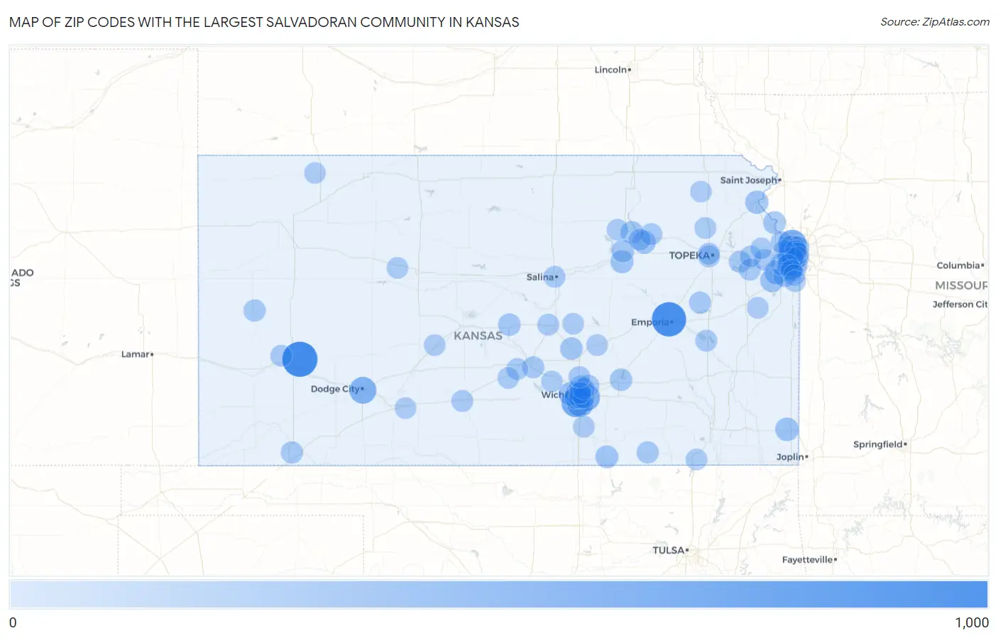 Zip Codes with the Largest Salvadoran Community in Kansas Map