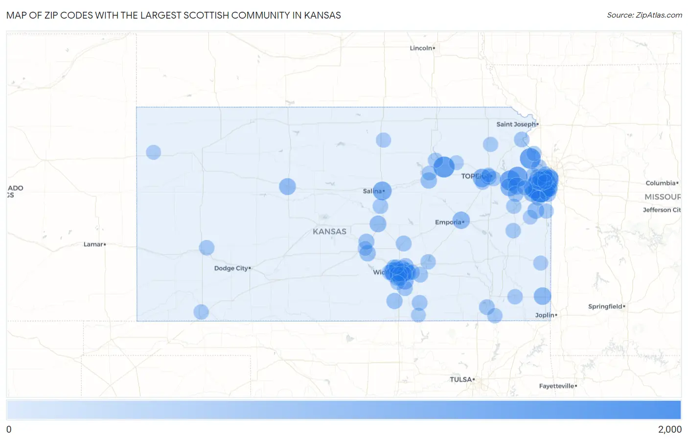Zip Codes with the Largest Scottish Community in Kansas Map