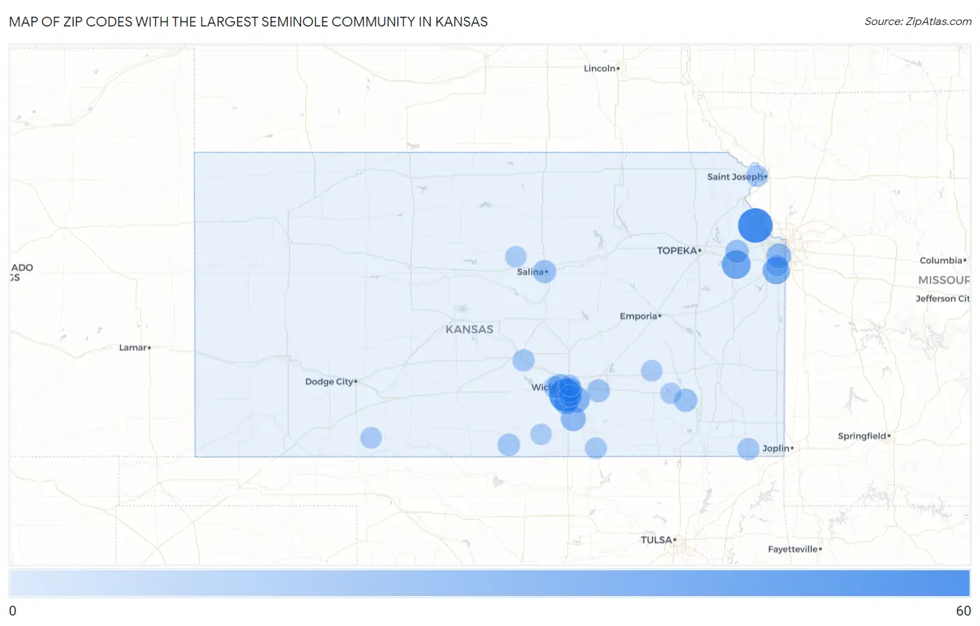 Zip Codes with the Largest Seminole Community in Kansas Map