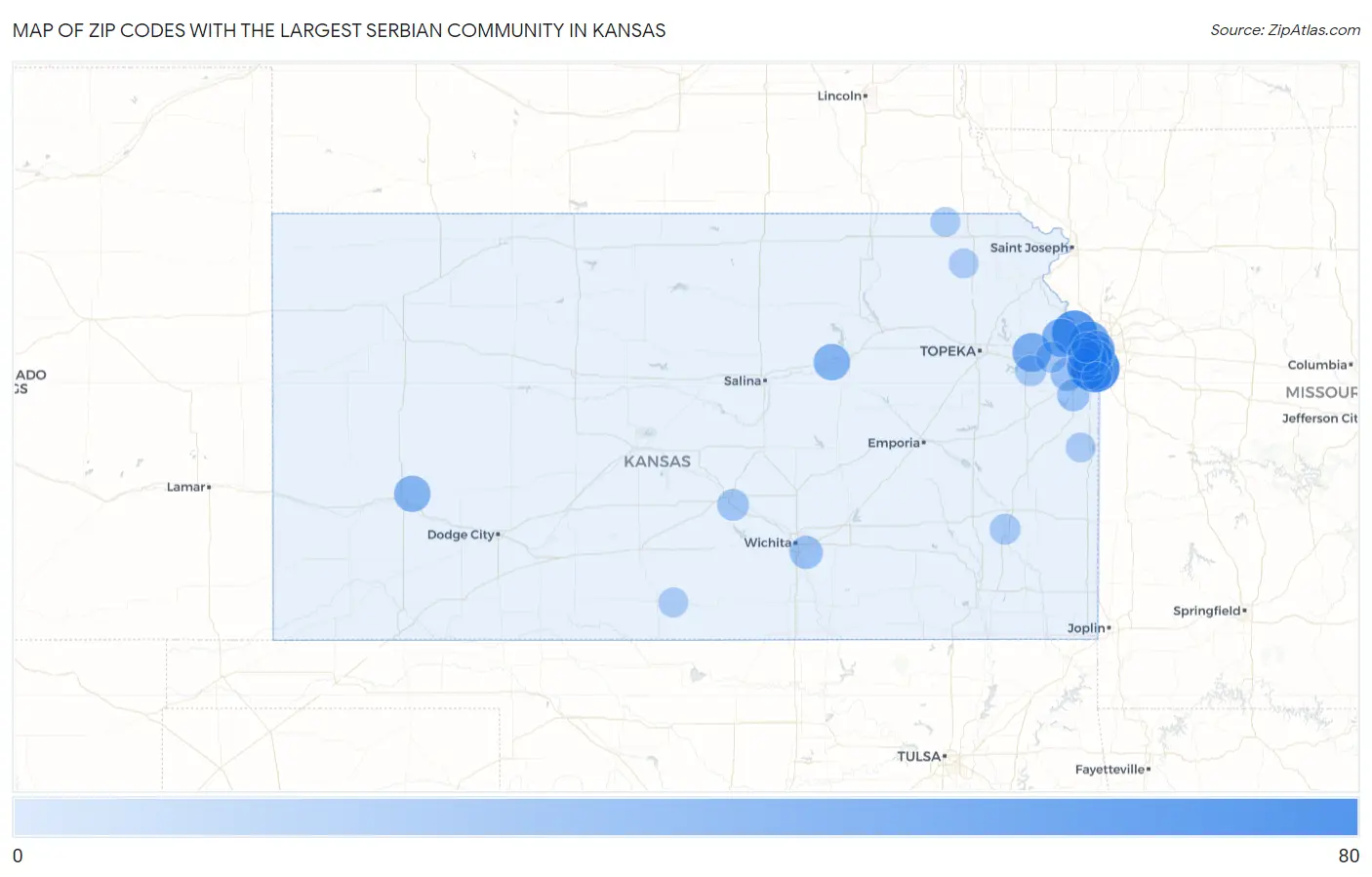 Zip Codes with the Largest Serbian Community in Kansas Map
