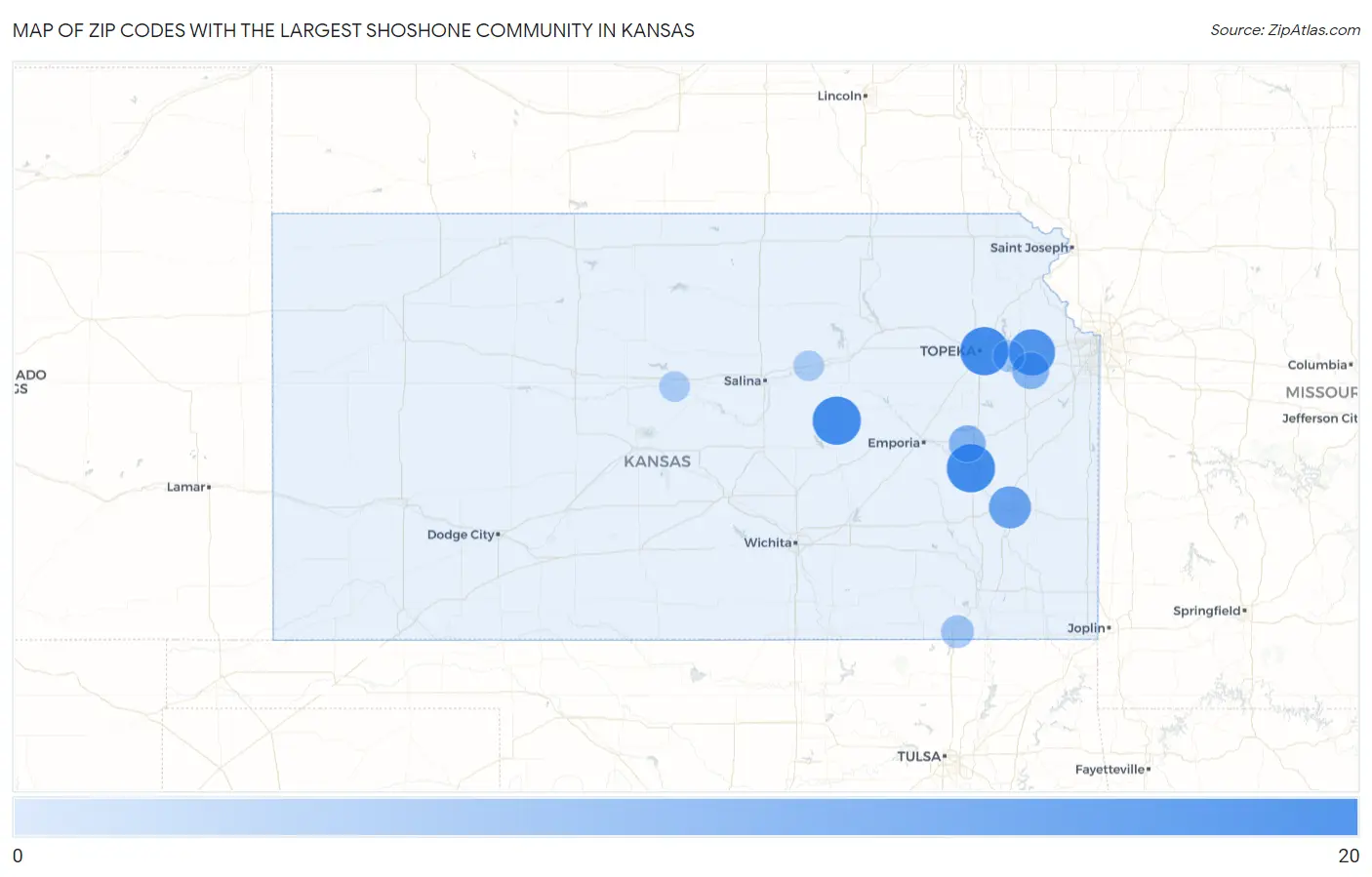 Zip Codes with the Largest Shoshone Community in Kansas Map
