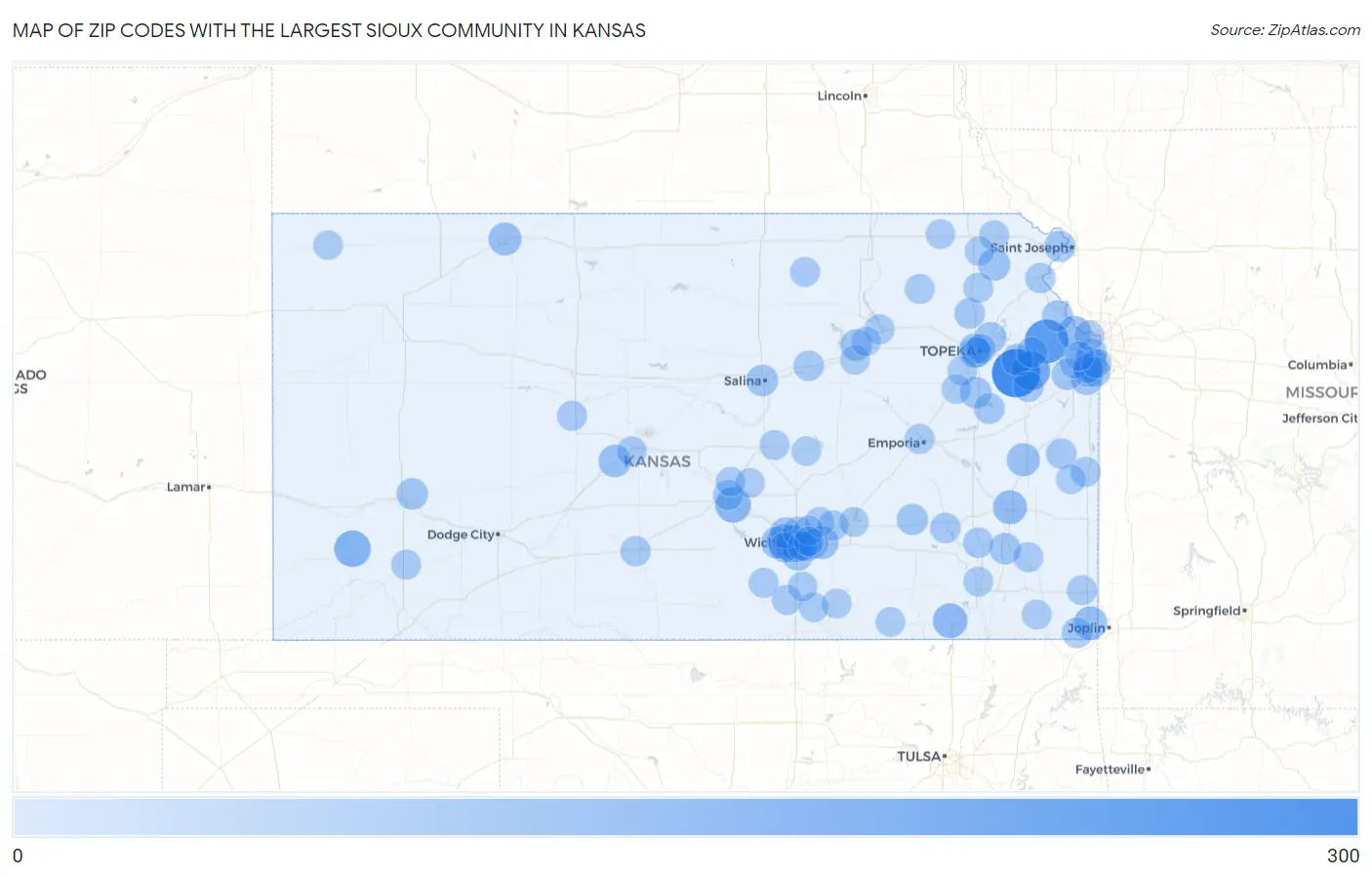 Zip Codes with the Largest Sioux Community in Kansas Map