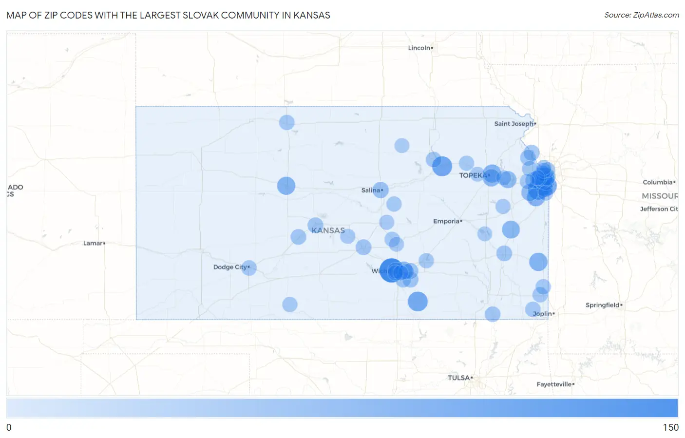 Zip Codes with the Largest Slovak Community in Kansas Map