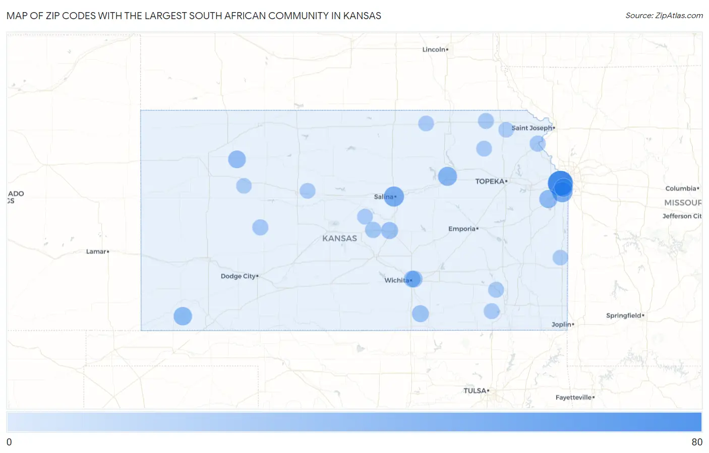 Zip Codes with the Largest South African Community in Kansas Map
