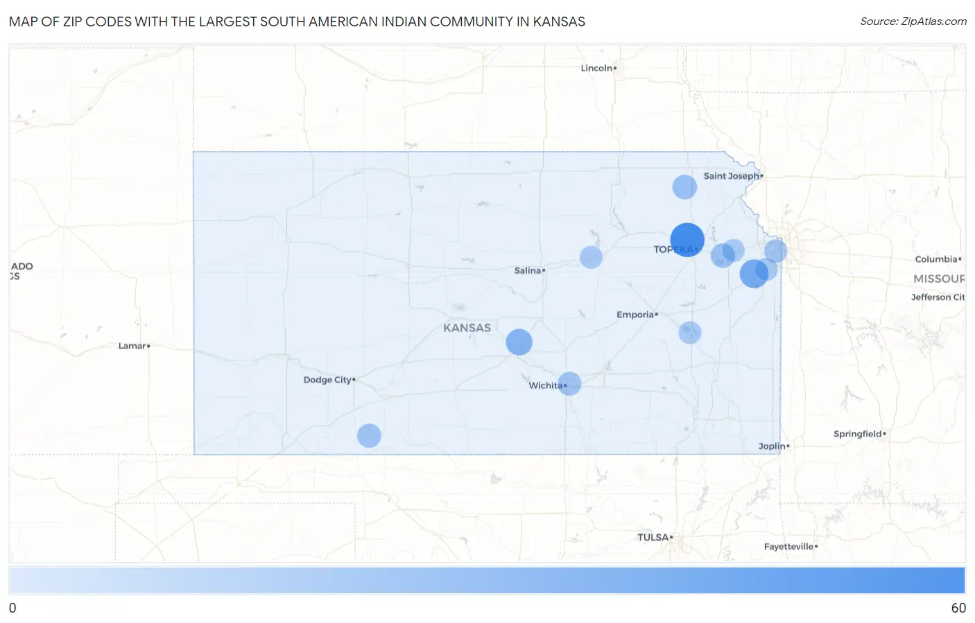 Zip Codes with the Largest South American Indian Community in Kansas Map