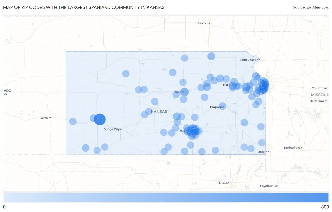 Zip Codes with the Largest Spaniard Community in Kansas Map